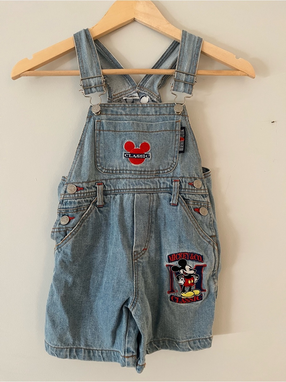 Kids Vintage Mickey Denim Short Overalls - Light Blue